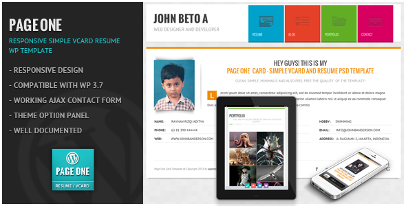 PAGE ONE RESPONSIVE VCARD CV RESUME WP THEME